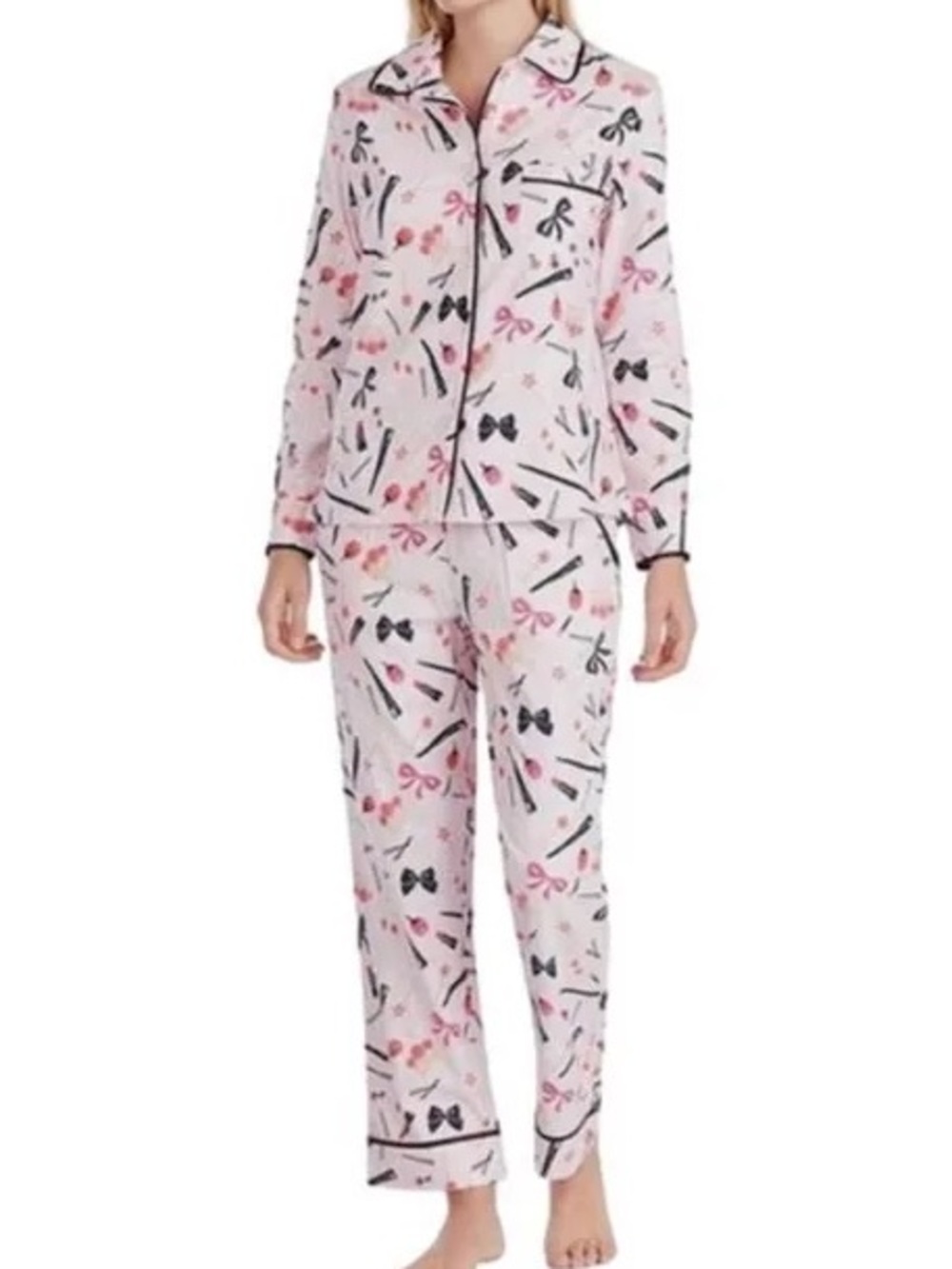 kate spade Pink Bow & Ribbon Print Pajama Set with Black Trim size medium